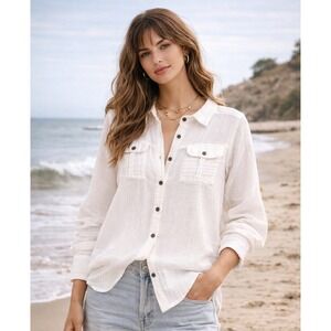 Free People White Cotton Gauze Button Front Shirt Small Boho Beach Lounge Resort